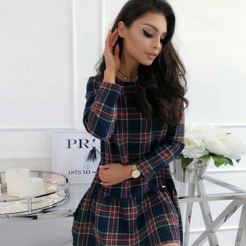 Festive Red Plaid Christmas Dress with Ruffle Details and Warm Fabric
