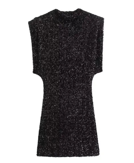 Timeless Sleeveless Mini Dress with Padded Shoulders and Beaded Accents