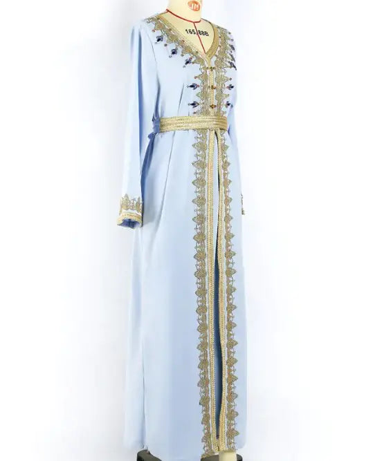 Luxurious Beaded Kaftan Dress with Intricate Embroidery and Flowing Silhouette
