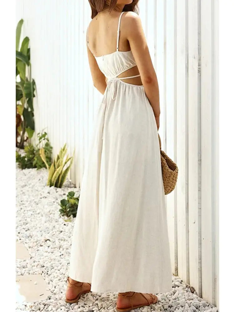 Lightweight Cotton and Linen Dress with Lace-up Waist and Sleek Collar