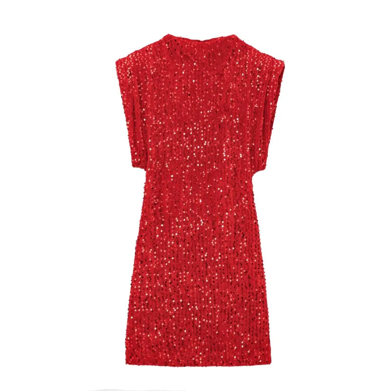 Chic Sleeveless Mini Dress with Sequined High Waist and Hip Skirt
