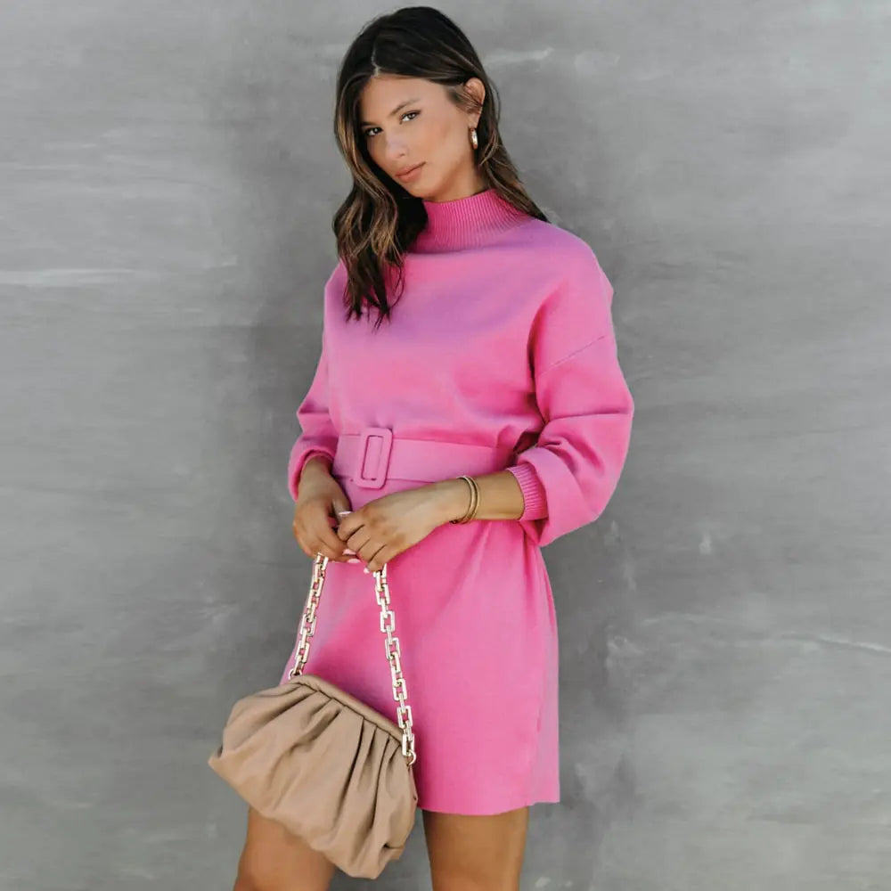 Chic Turtleneck Sweater Dress with Adjustable Belt and Cozy Knit Fabric