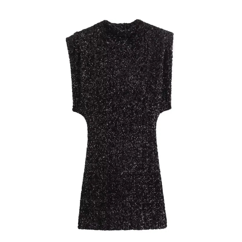 Chic Sleeveless Mini Dress with Sequined High Waist and Hip Skirt