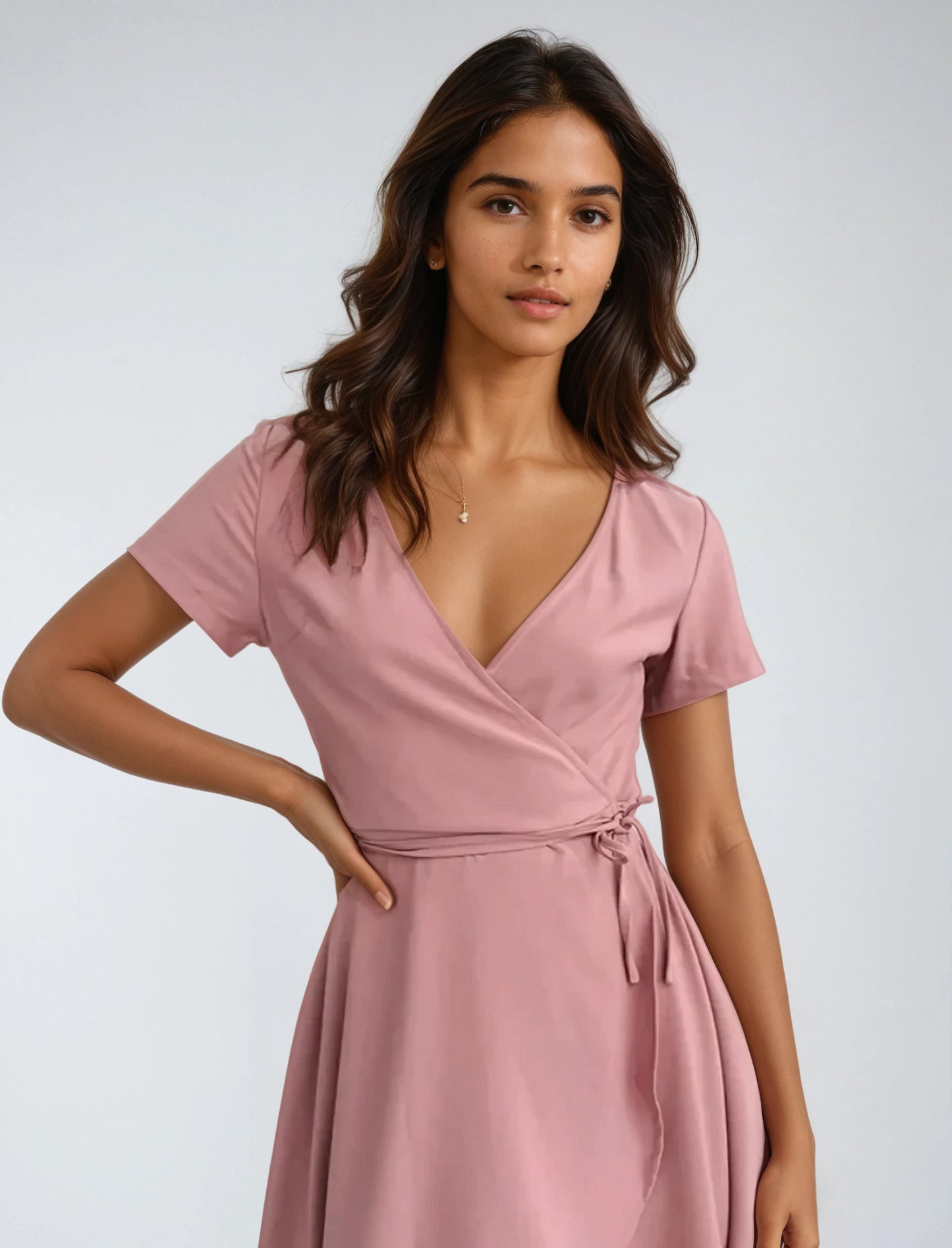 Chic Pink V-Neck Mini Dress with Short Skirt and Spliced Design
