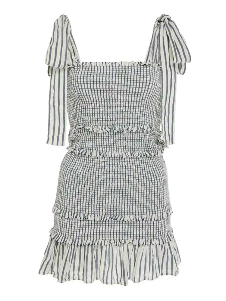 Striped Sleeveless Summer Dress with Bow-Tied Shoulders and Elastic Waist