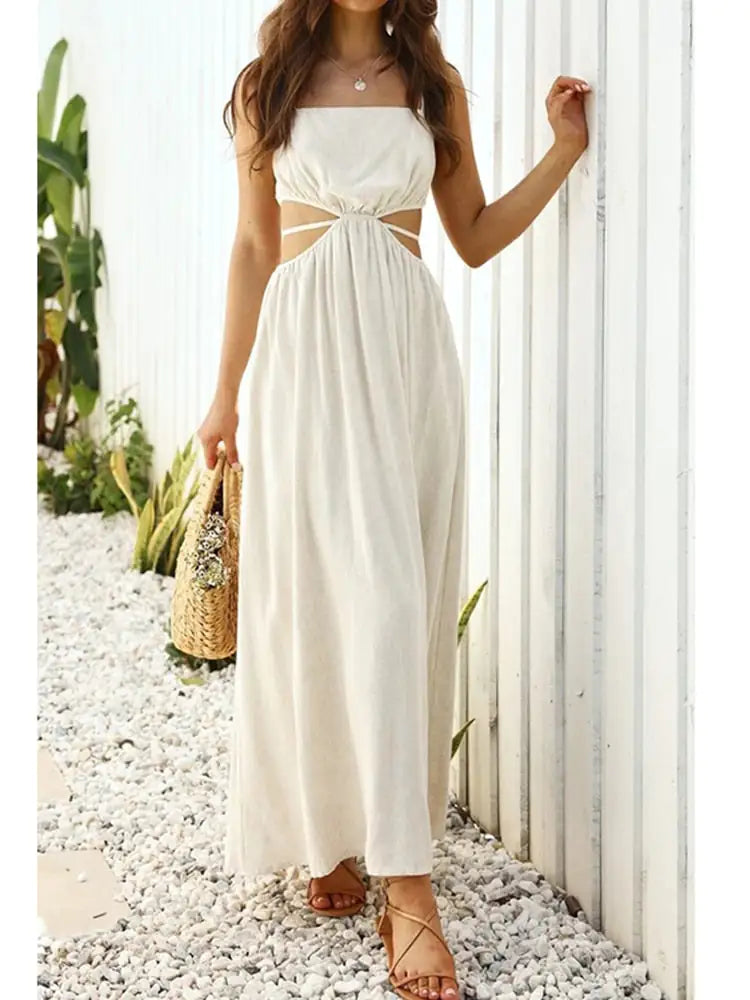 Lightweight Cotton and Linen Dress with Lace-up Waist and Sleek Collar