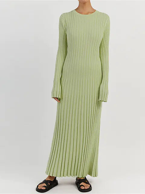 Elegant Ribbed Knit Maxi Dress with Long Sleeves for Autumn and Winter