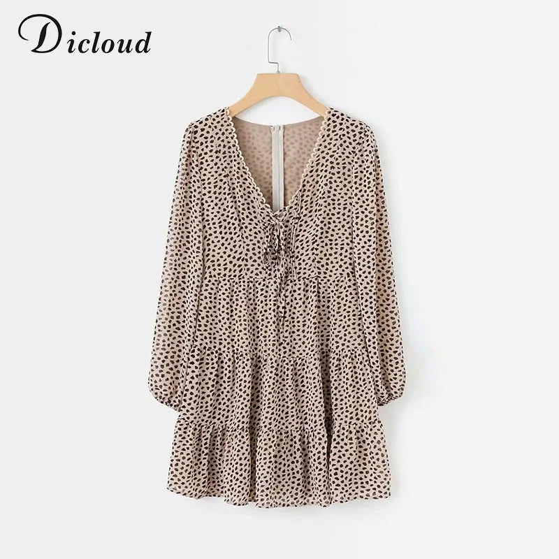 Flirty Leopard Print Chiffon Dress with V-Neck, Ruffles, and Long Sleeves