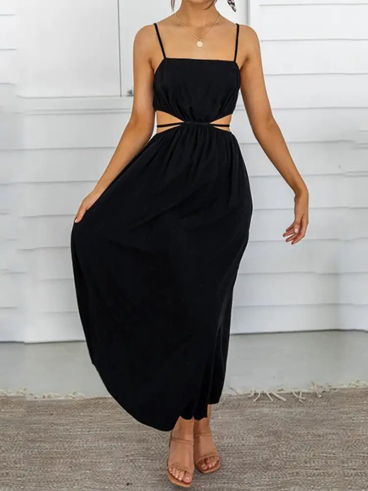 Lightweight Cotton and Linen Dress with Lace-up Waist and Sleek Collar