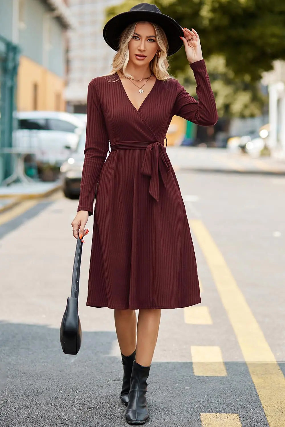 Wine Red V-Neck Ribbed Knit Sweater Dress with Belt and Pockets