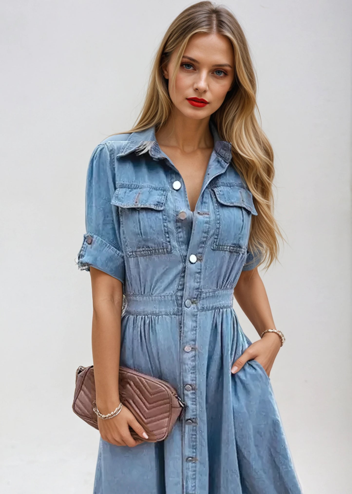 Casual Denim Shirt with Flip Collar, Buttoned Pockets, and Short Sleeves