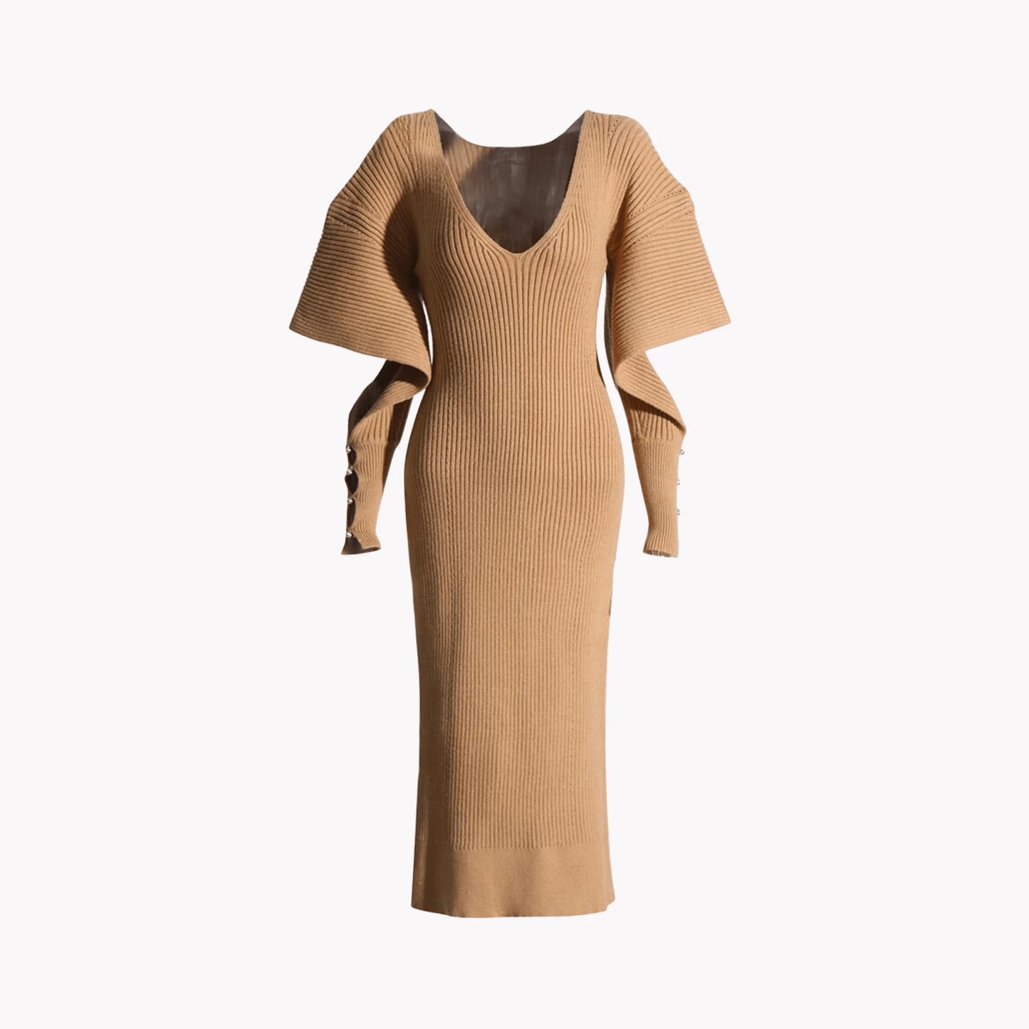 Elegant Knit Dress with Dramatic Shoulder Detail and Flattering Silhouette