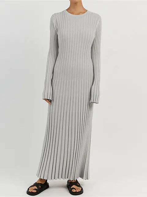Elegant Ribbed Knit Maxi Dress with Long Sleeves for Autumn and Winter