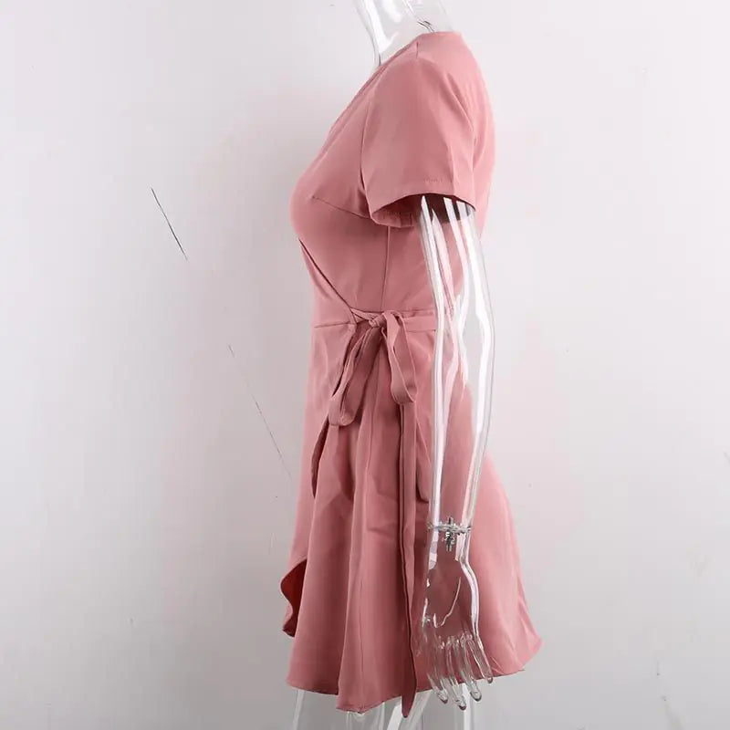 Chic Pink V-Neck Mini Dress with Short Skirt and Spliced Design