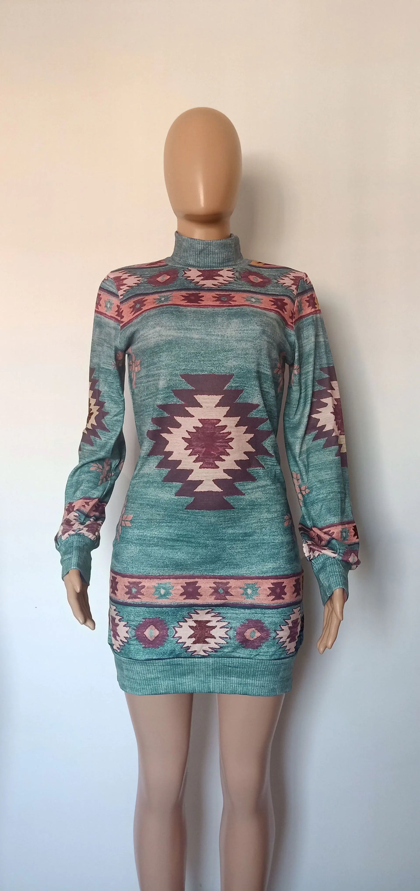 Bohemian Print Mini Dress with Long Sleeves and Slim Fit for Autumn