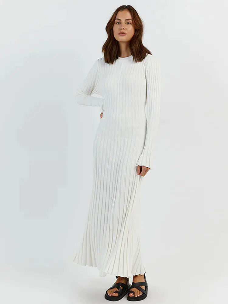 Elegant Ribbed Knit Maxi Dress with Long Sleeves for Autumn and Winter