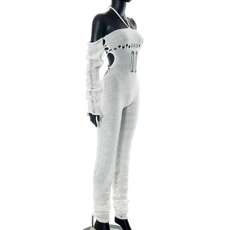Boho Crochet Knit Jumpsuit with Distressed Details and Relaxed Fit