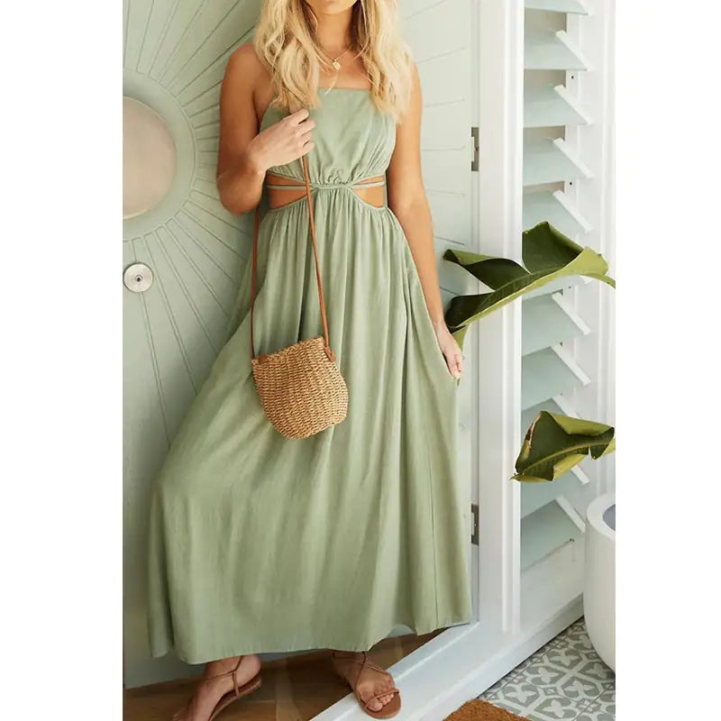 Lightweight Cotton and Linen Dress with Lace-up Waist and Sleek Collar