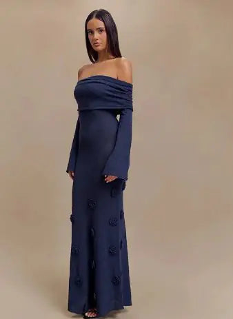 Off-Shoulder Knit Maxi Dress with Delicate Rose Pattern and Flowing Silhouette