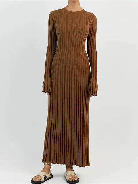 Elegant Ribbed Knit Maxi Dress with Long Sleeves for Autumn and Winter