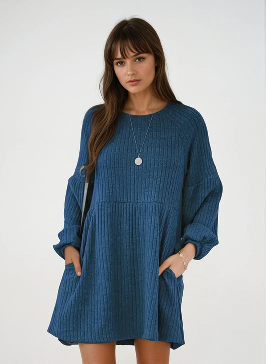 Cozy Long Sleeve Cotton Knit Dress with Flattering A-Line Silhouette
