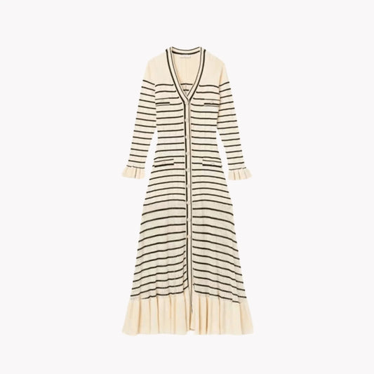 Chic Striped Knit Midi Dress with Flattering Fit and Versatile Style