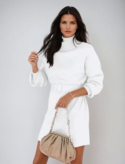 Chic Turtleneck Sweater Dress with Adjustable Belt and Cozy Knit Fabric