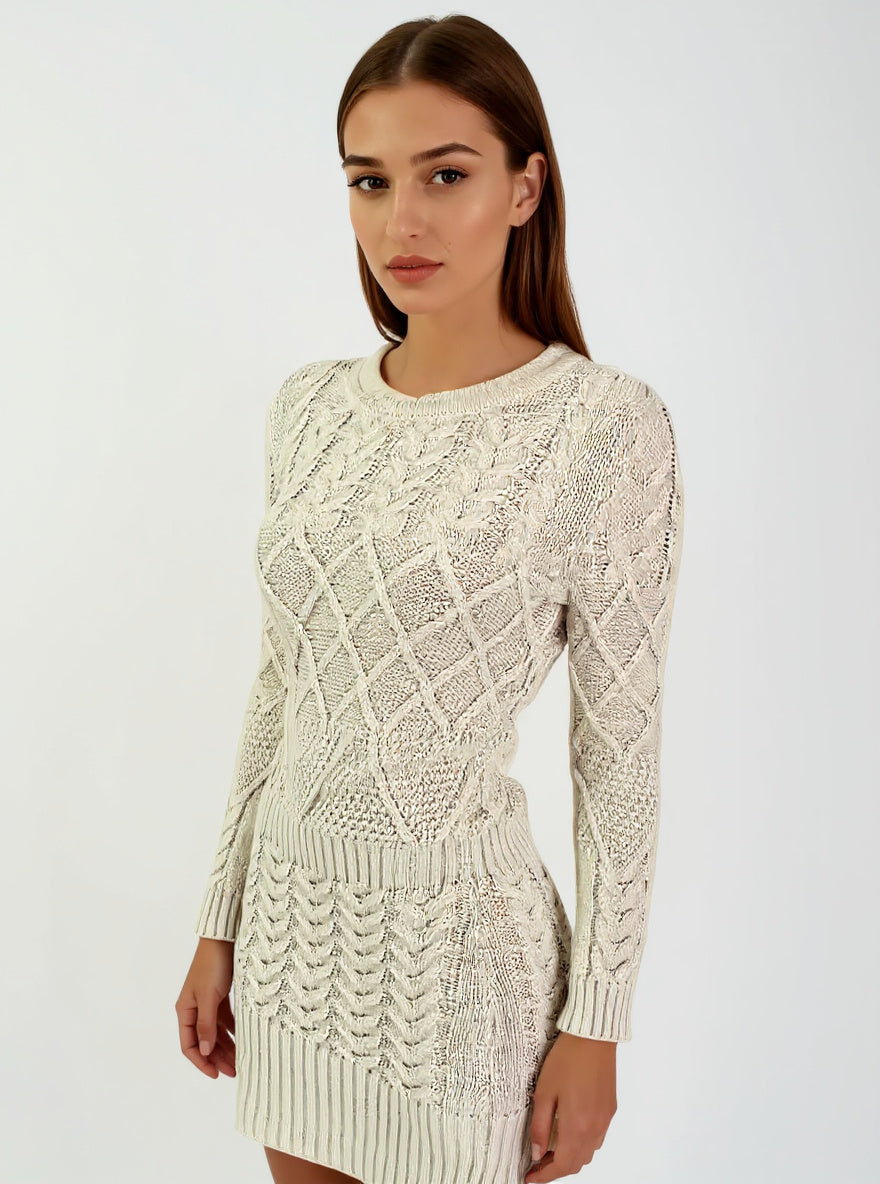 Cable Knit Puff-Sleeve Dress, view 4