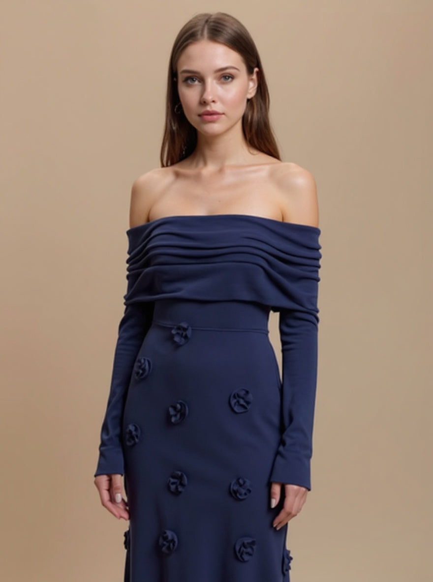 Off-Shoulder Rose Knit Maxi Dress