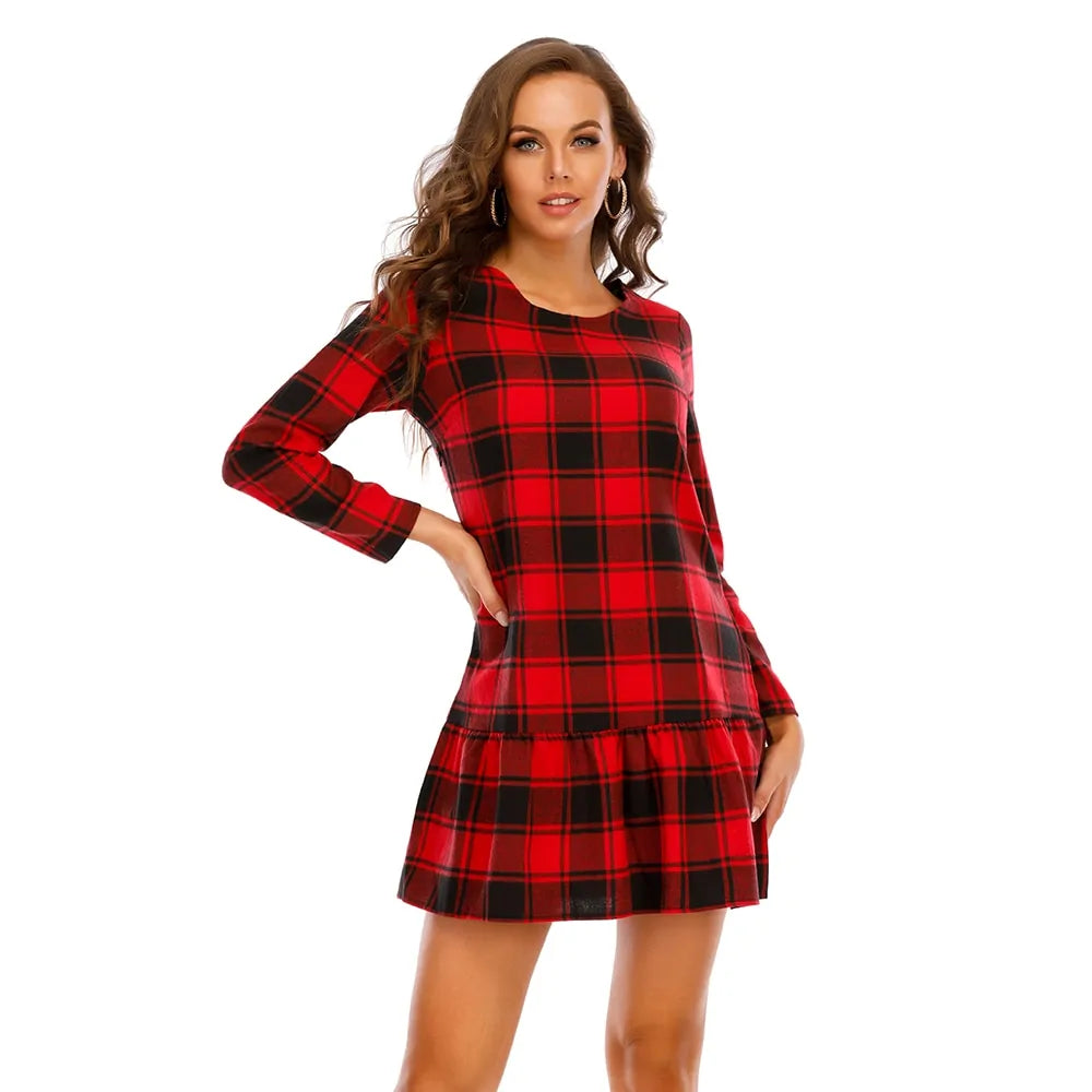 Festive Red Plaid Christmas Dress with Ruffle Details and Warm Fabric