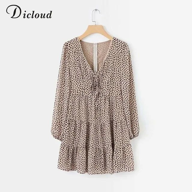 Flirty Leopard Print Chiffon Dress with V-Neck, Ruffles, and Long Sleeves