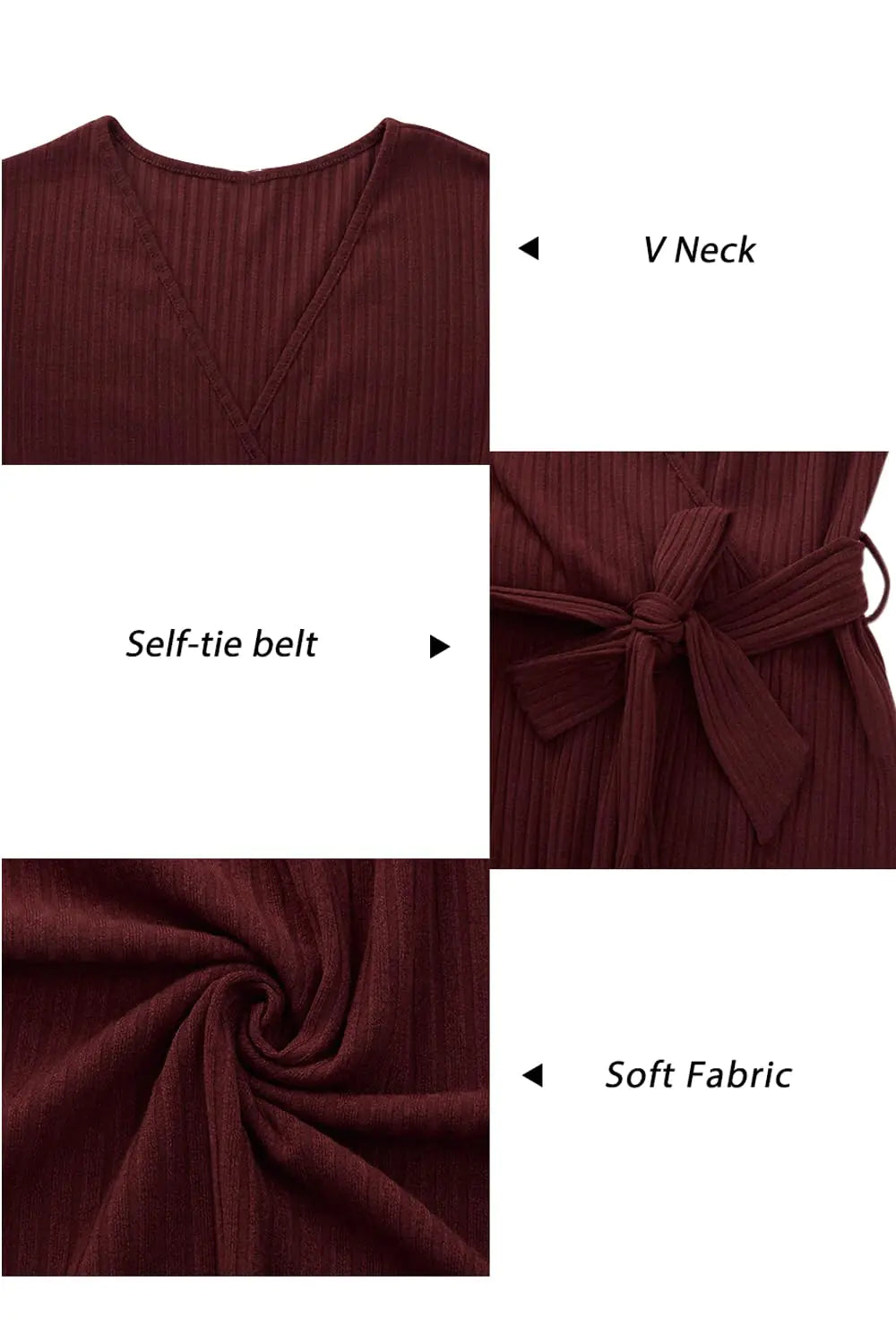Wine Red V-Neck Ribbed Knit Sweater Dress with Belt and Pockets