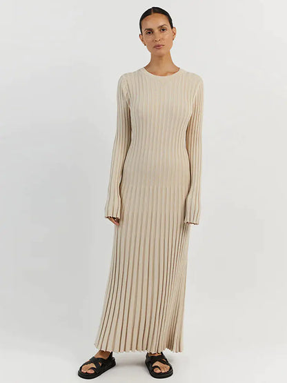 Elegant Ribbed Knit Maxi Dress with Long Sleeves for Autumn and Winter