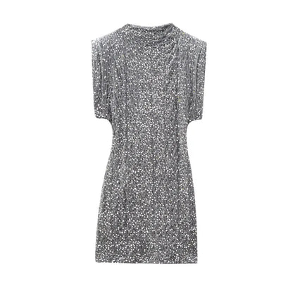 Chic Sleeveless Mini Dress with Sequined High Waist and Hip Skirt