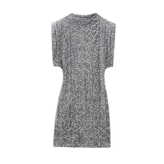 Chic Sleeveless Mini Dress with Sequined High Waist and Hip Skirt