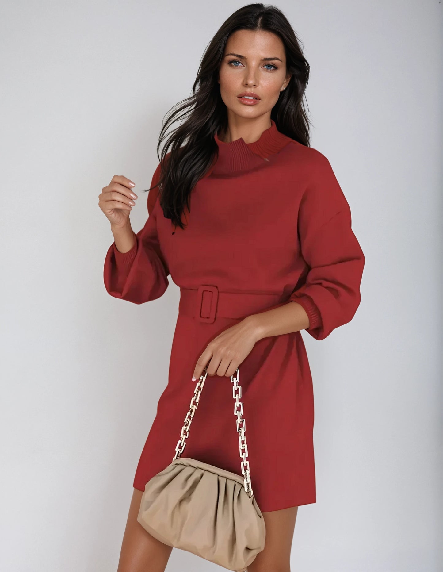 Chic Turtleneck Sweater Dress with Adjustable Belt and Cozy Knit Fabric