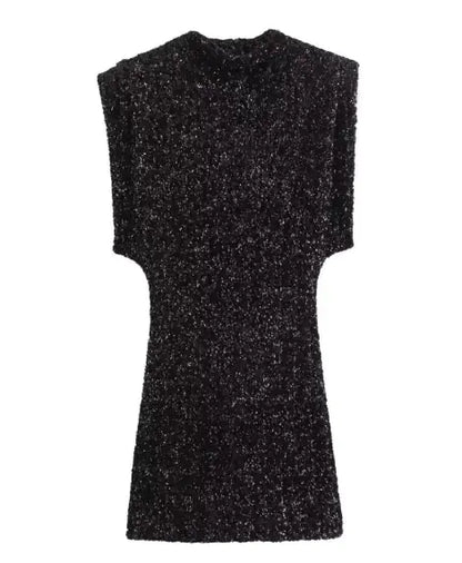 Timeless Sleeveless Mini Dress with Padded Shoulders and Beaded Accents