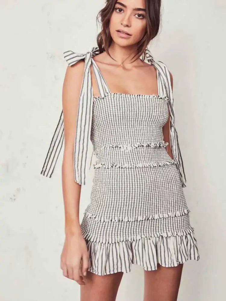Striped Sleeveless Summer Dress with Bow-Tied Shoulders and Elastic Waist