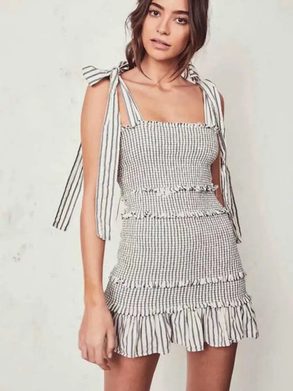 Striped Sleeveless Summer Dress with Bow-Tied Shoulders and Elastic Waist