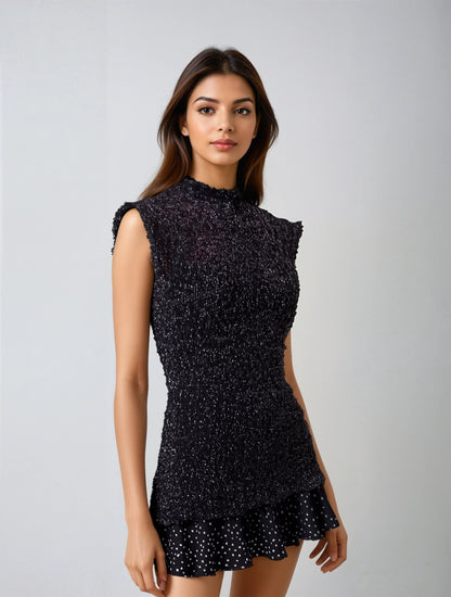 Chic Sleeveless Mini Dress with Sequined High Waist and Hip Skirt