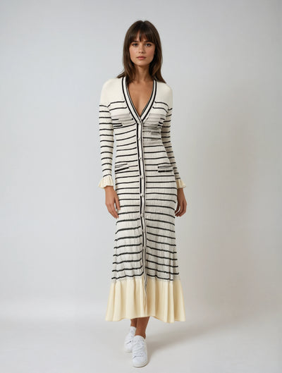 Chic Striped Knit Midi Dress with Flattering Fit and Versatile Style