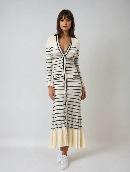 Chic Striped Knit Midi Dress with Flattering Fit and Versatile Style
