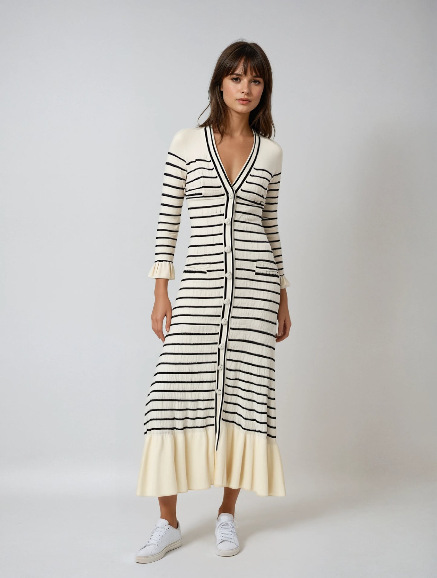 Chic Striped Knit Midi Dress with Flattering Fit and Versatile Style
