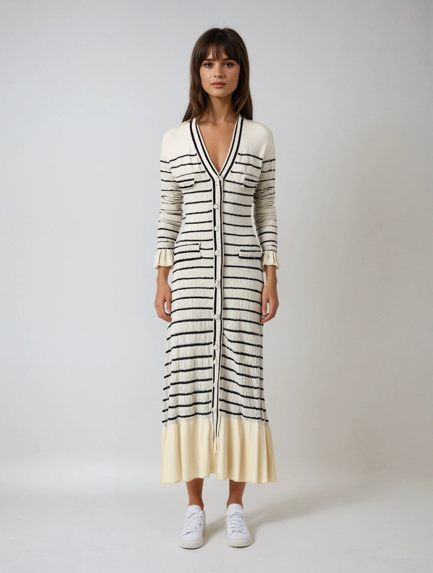 Chic Striped Knit Midi Dress with Flattering Fit and Versatile Style