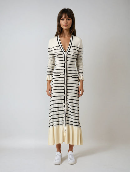 Chic Striped Knit Midi Dress with Flattering Fit and Versatile Style