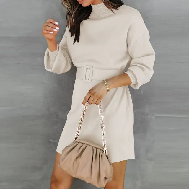 Chic Turtleneck Sweater Dress with Adjustable Belt and Cozy Knit Fabric