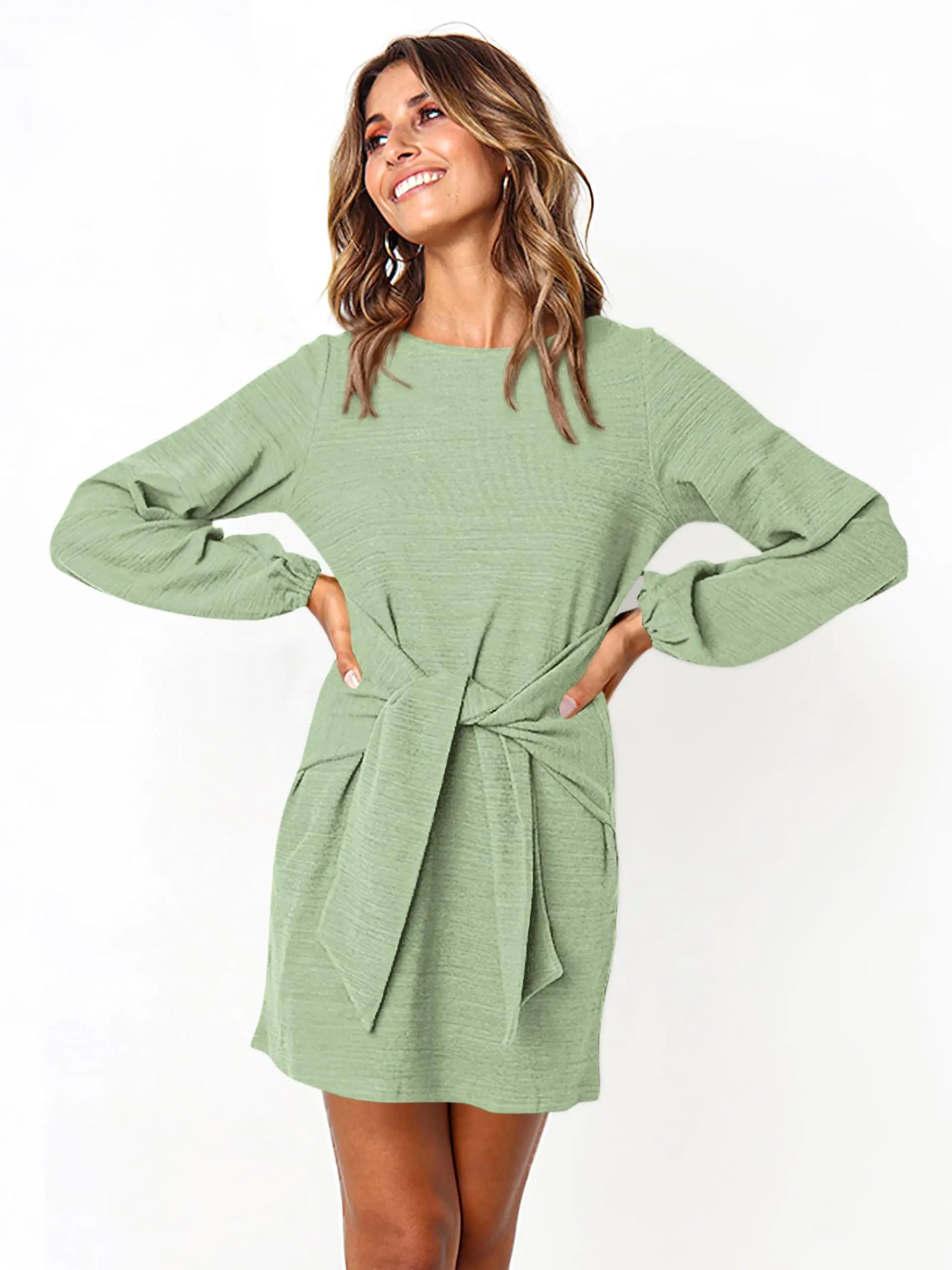 Elegant Lantern Sleeve Knit Dress with Tie Waist in Bean Green
