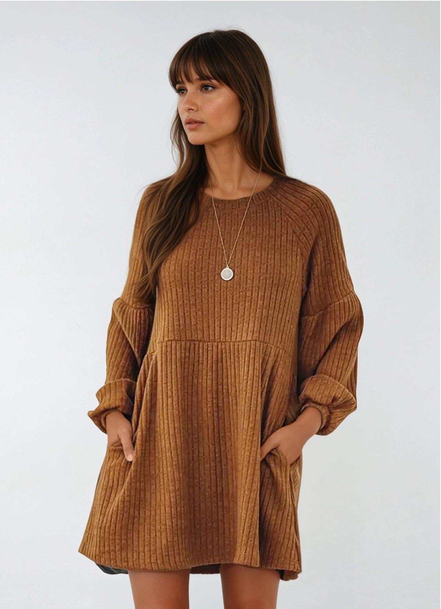 Cozy Long Sleeve Cotton Knit Dress with Flattering A-Line Silhouette