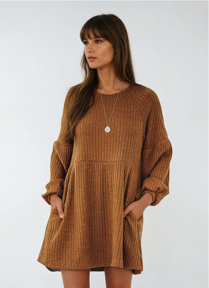 Cozy Long Sleeve Cotton Knit Dress with Flattering A-Line Silhouette