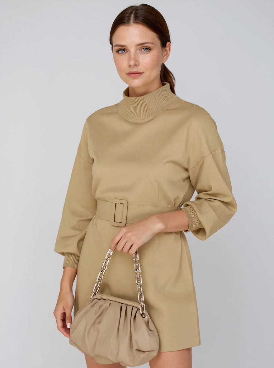 Belted Turtleneck Sweater Dress, view 3